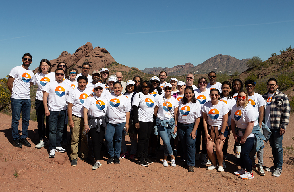 Getting ready for the walk to the St. Louis Arch for the Walk to Hope kickoff, is team members from across the network